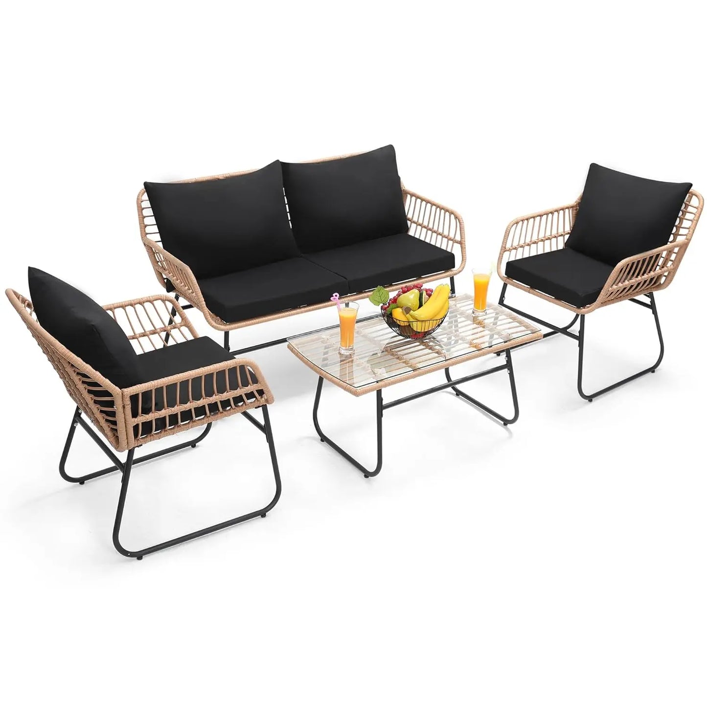 4 Piece Patio Bistro Outdoor Furniture Set, Wicker Sofa, 2 Rattan Chairs, and Table, Backyard Conversation Set, All, Customized
