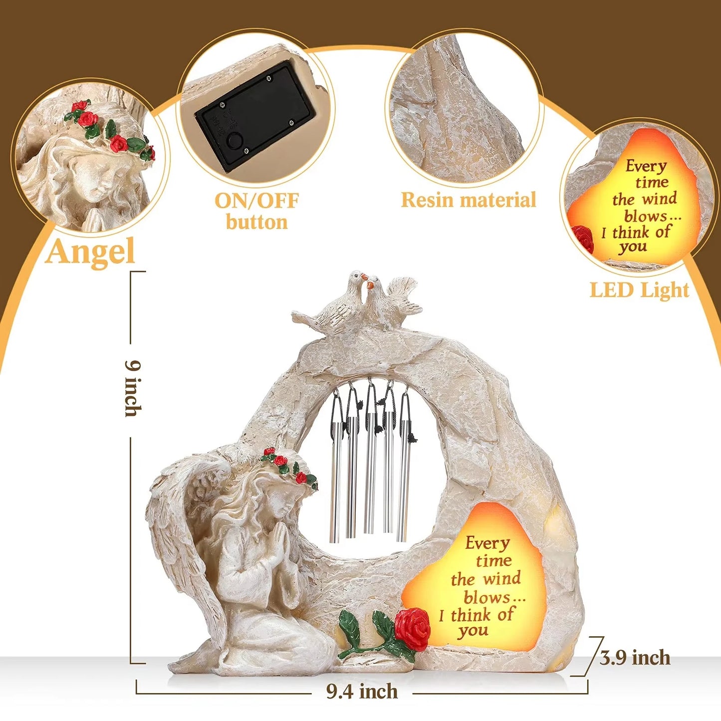 Solar Powered Angel Garden Statue With LED Wind Chimes