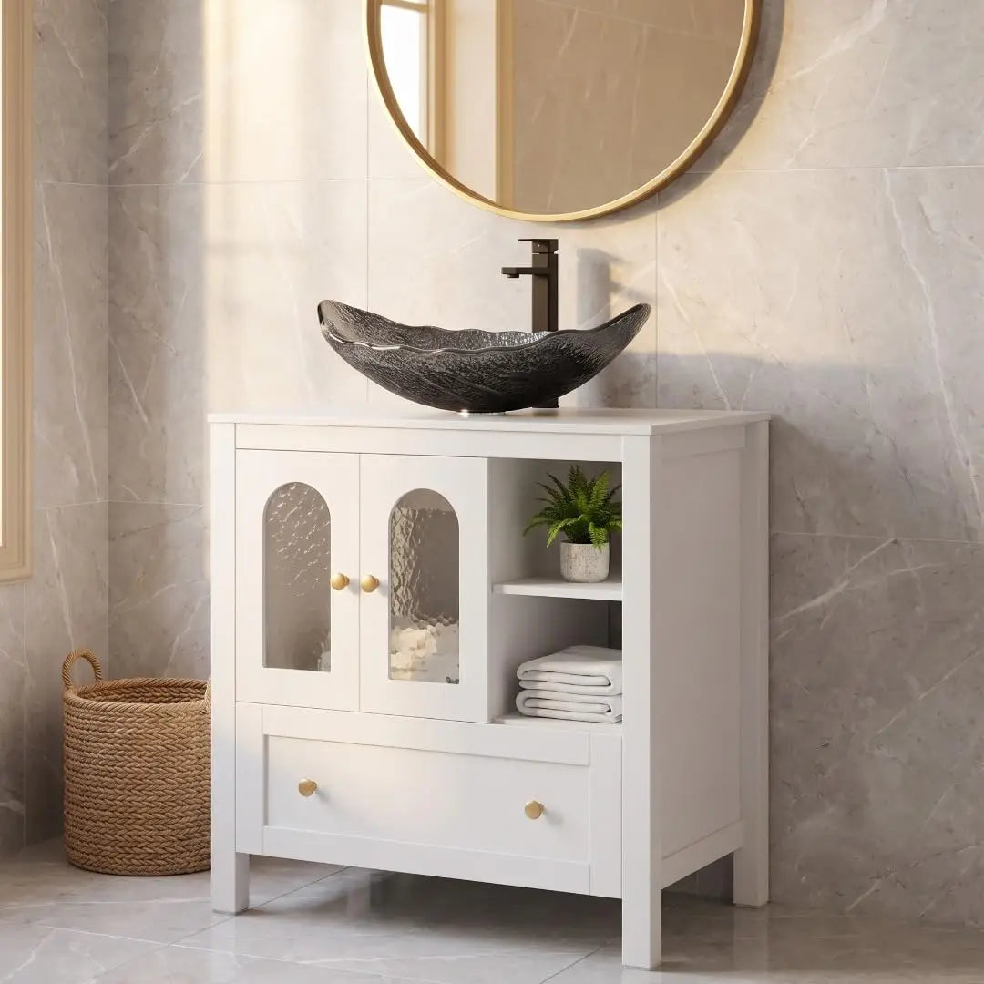 30" Bathroom Vanity with Sink, Freestanding Cabinet, 2 Water Ripple Doors & 1 Drawer, Soft-Close, Silver Glass Boat Sink, White,