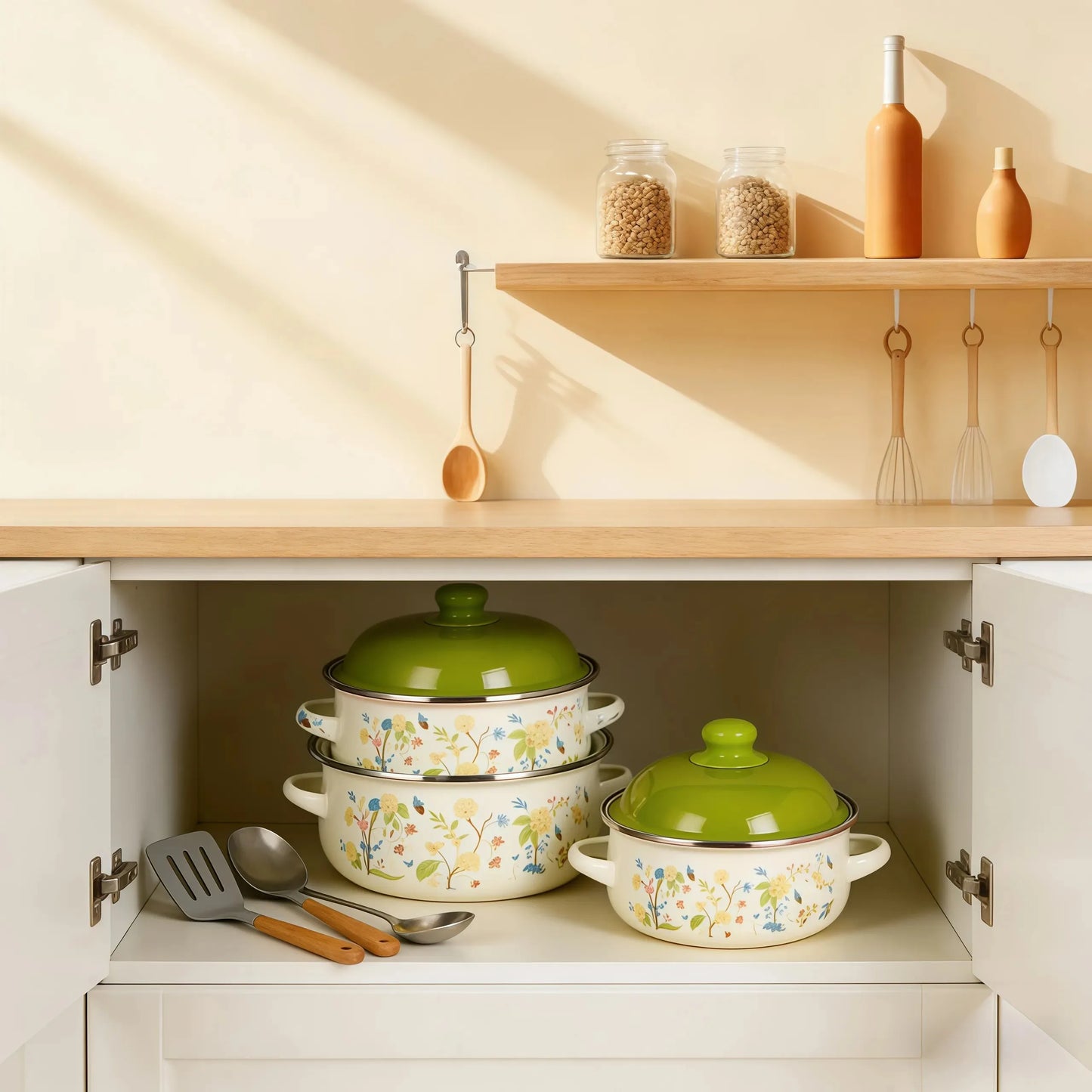 Three Piece Vintage Enamel Stock Pot Set With Lids