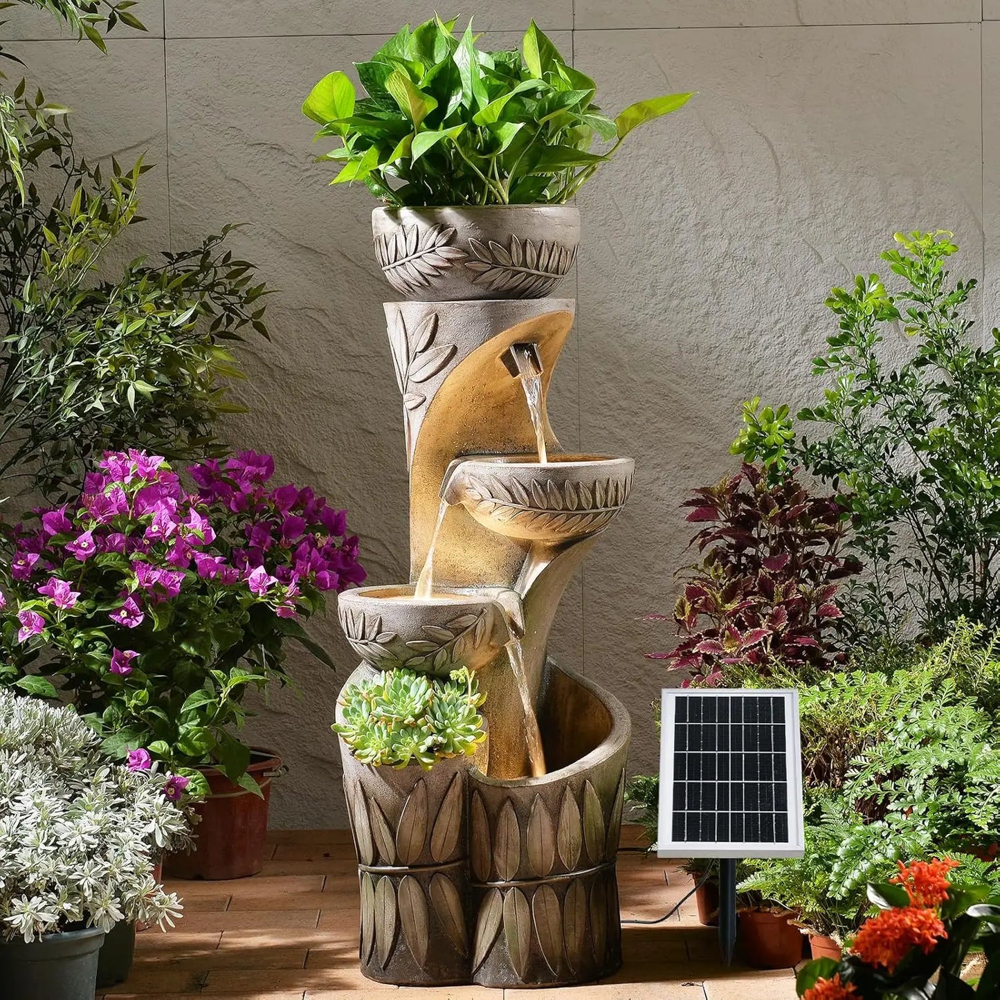 Five Tier Solar Outdoor Water Fountain With Led Lights