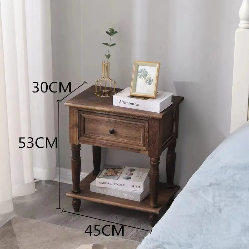 Solid Wood Vintage French Nightstand With Distressed Bedside Drawer