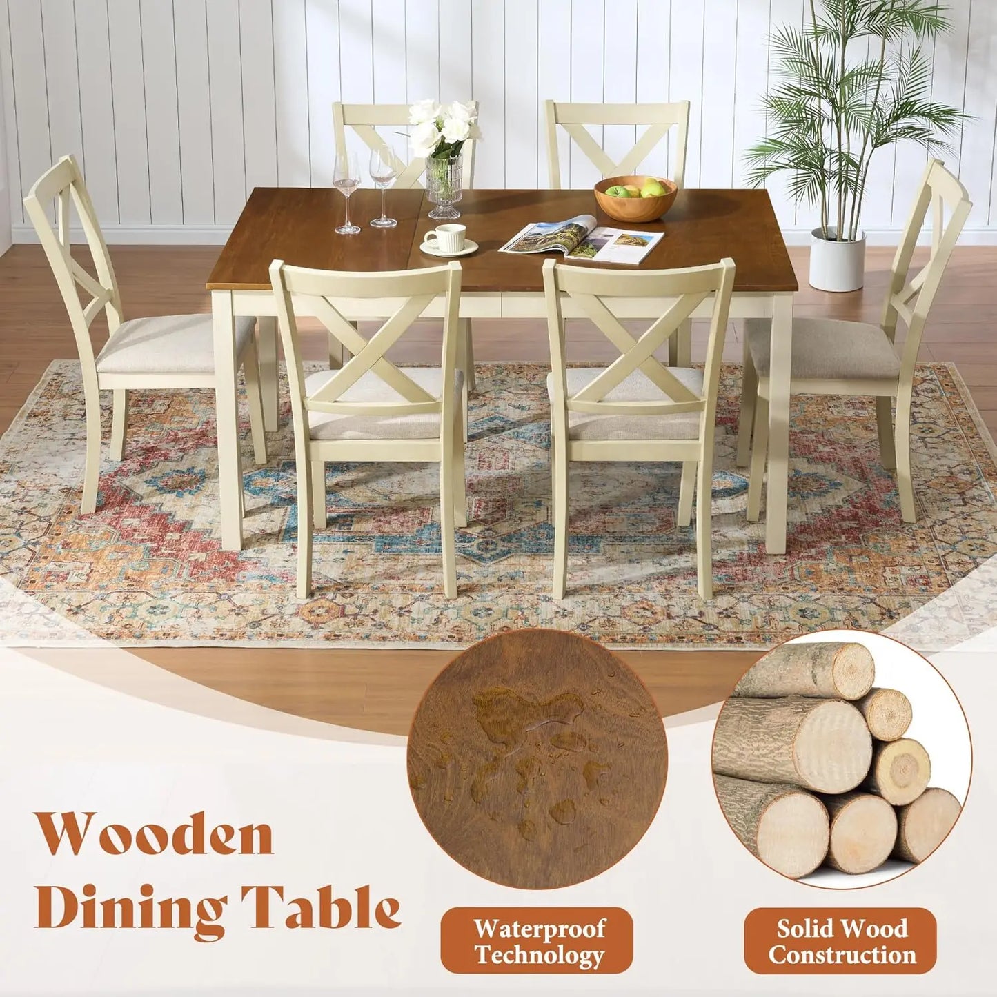 7 Piece Farmhouse Dining Table Set With 6 Upholstered Chairs