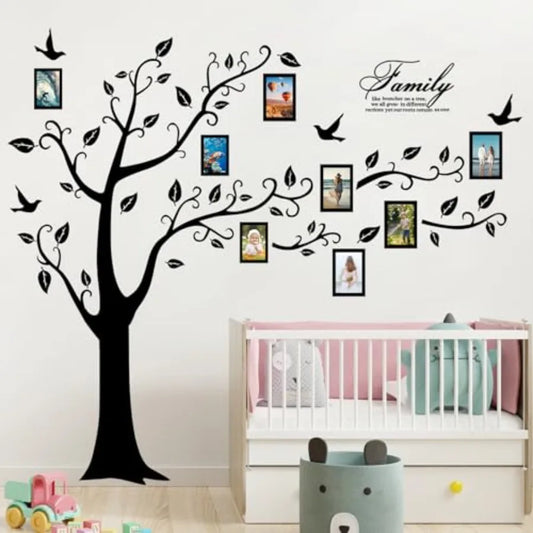 Large Family Photo Tree Wall Sticker 3D Peel and Stick Vinyl Photo Frame Tree Wall Decals Removable Quotes Leaf and Birds Wall