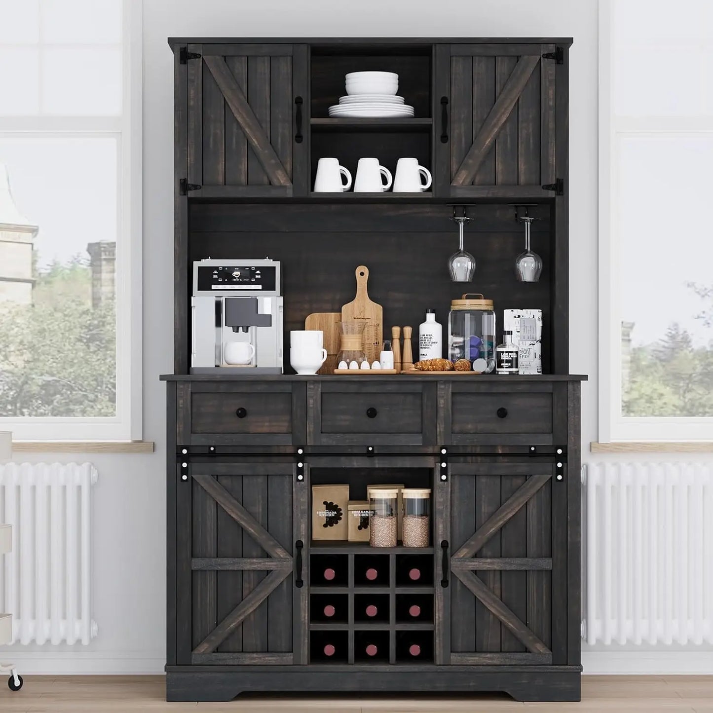Farmhouse Tall Coffee Bar Cabinet With Sliding Barn Doors