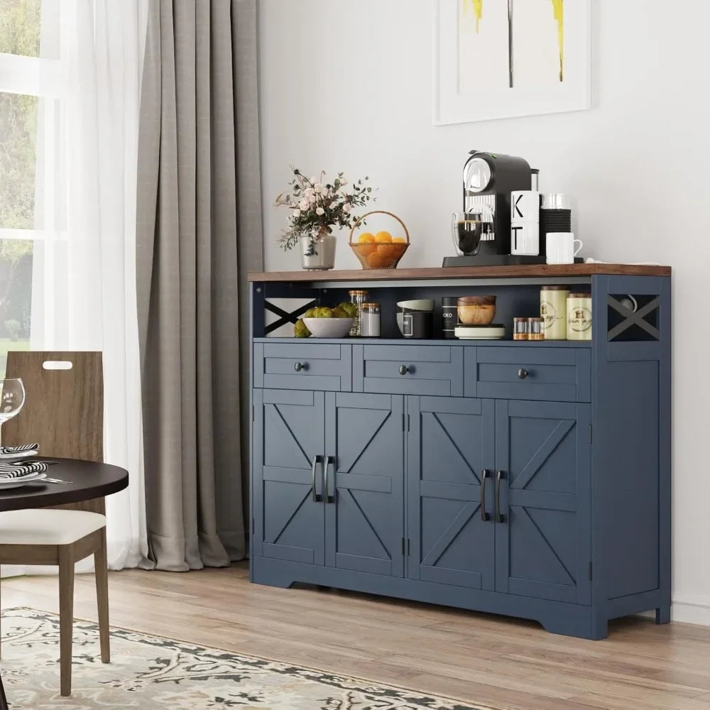 Farmhouse Buffet Cabinet With Drawers And Open Shelf Storage