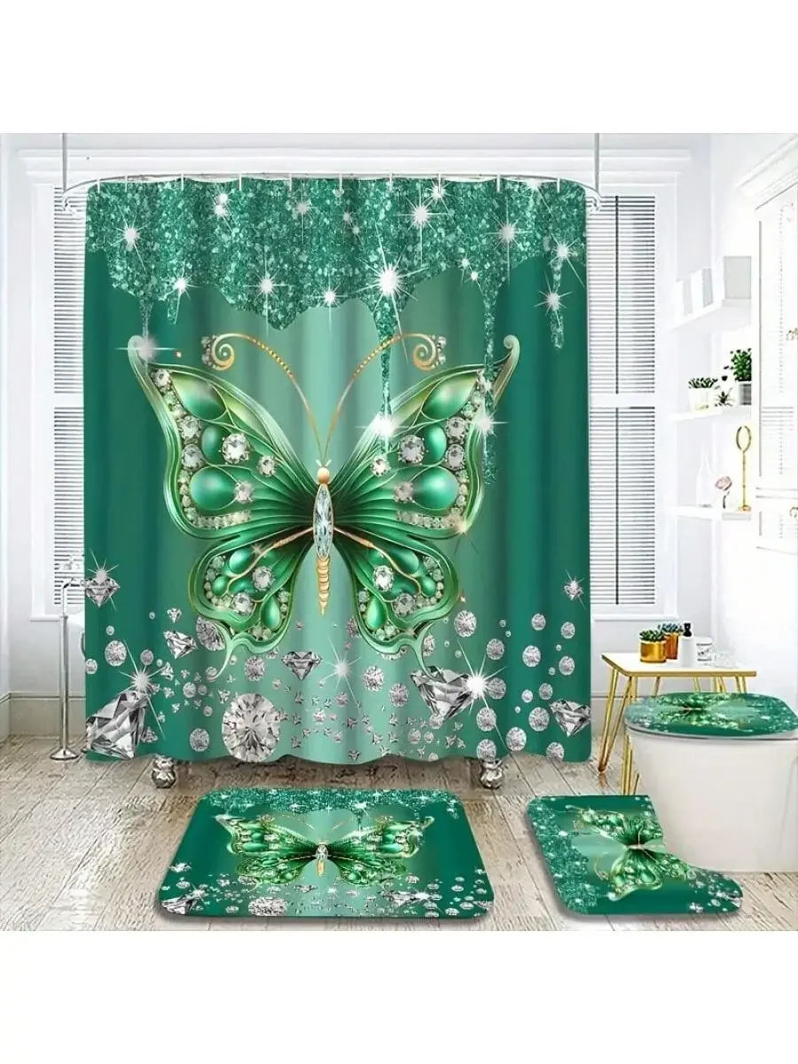 Butterfly Shower Curtain Set With Crystal Embellishments For Bathroom