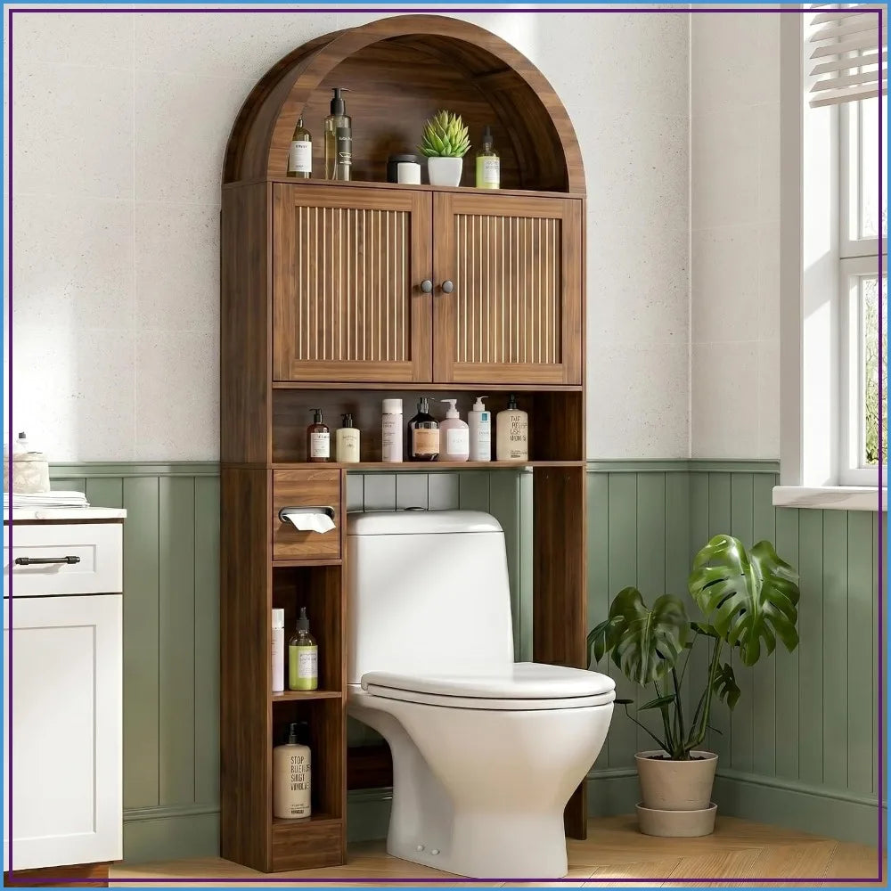 4-Tier Over Toilet Storage Cabinet, Fluted Doors, Walnut, Bathroom Organizer with TP Holder