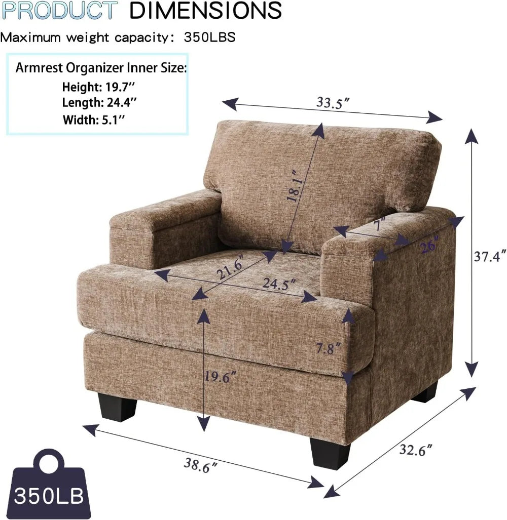 Oversized Accent Chair w/ Armrest Organizer, 7.8'' Cushion, Comfy Living Room Armchair, Brown Chenille