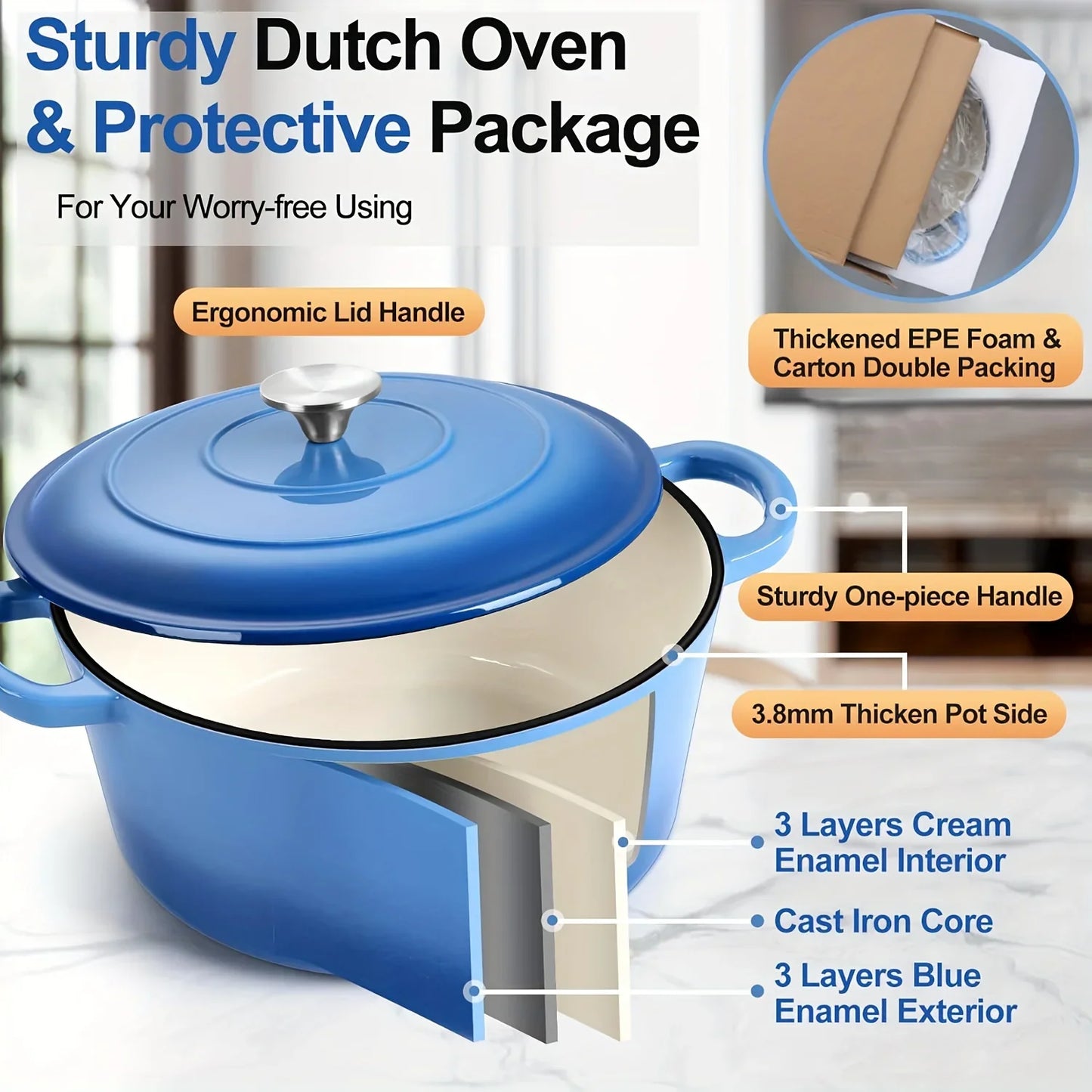 usEnameled Dutch Oven Pot with Lid, Enameled Cast Iron Dutch Oven Pot with Lid, Cast Iron Dutch Oven with Dual Handles for Bread Baking, Non-Stick Enamel Coated Heavy Duty Cookware, Easy to Clean, Heat Retentiond