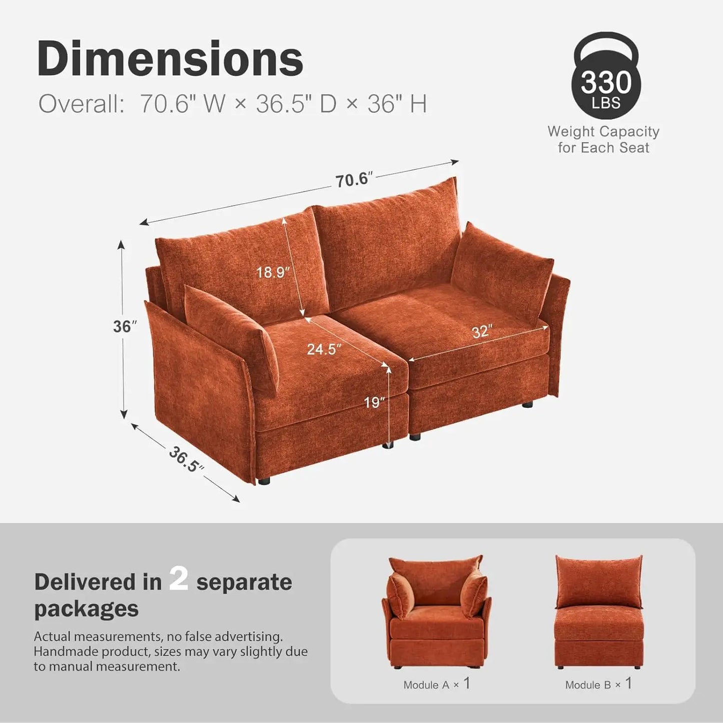 Oversized Loveseat Sofa, Modern Modular Sectional Couch Terracotta Orange Fluffy Chenille Mid Century 2-Seat 24.5" Deep Seat for