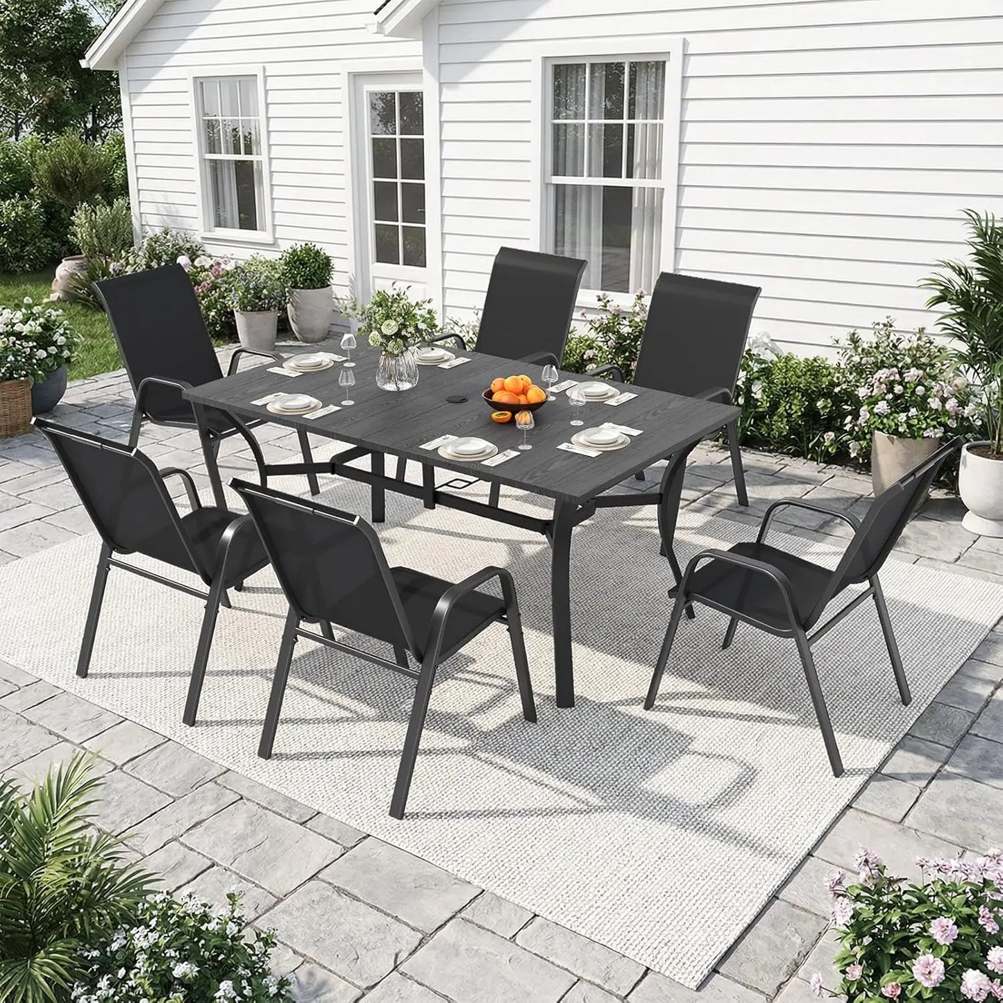 Outdoor Dining Set With Adjustable Umbrella Hole And Heavy Duty Metal Frame