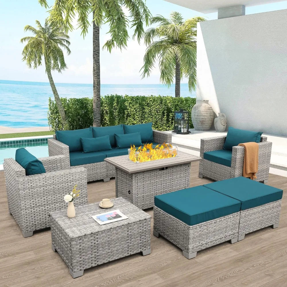 Outdoor Patio Furniture Sets 6 PE Rattan Wicker Sectional Sofa Couch with Fire Pit Table and Grey Cushions