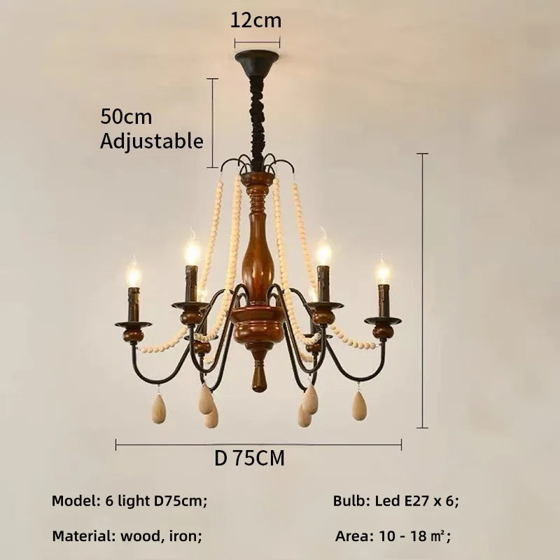 SaloEElaitte American Retro Wood Candle E27 Chandelier Pendant Light