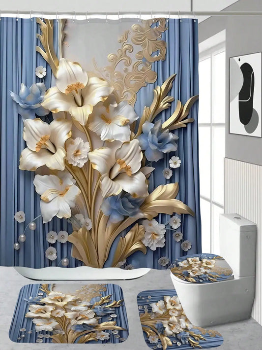 Plant Pattern Shower Curtain Set With U Shaped Mat
