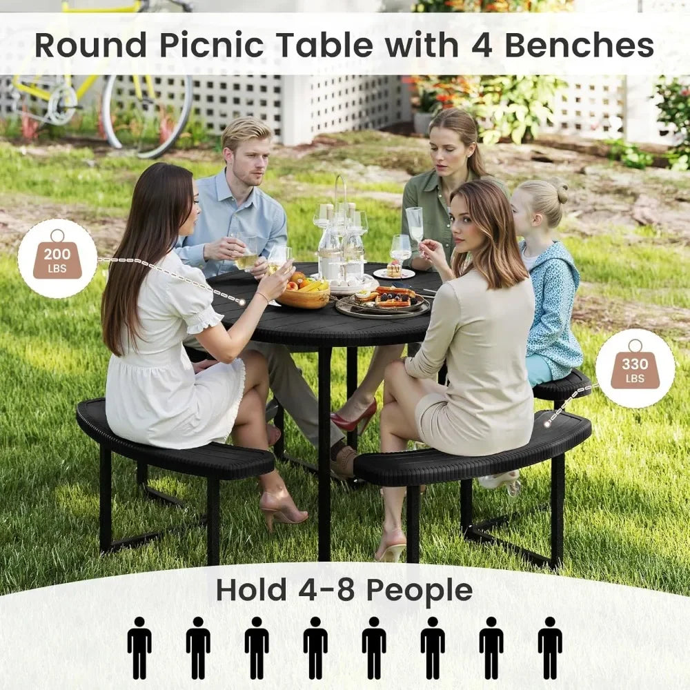 8 Person Round Picnic Table with 4 Benches, HDPE Outdoor Dining Set, Umbrella Hole, Heavy Duty Metal Frame for Garden Patio Lawn
