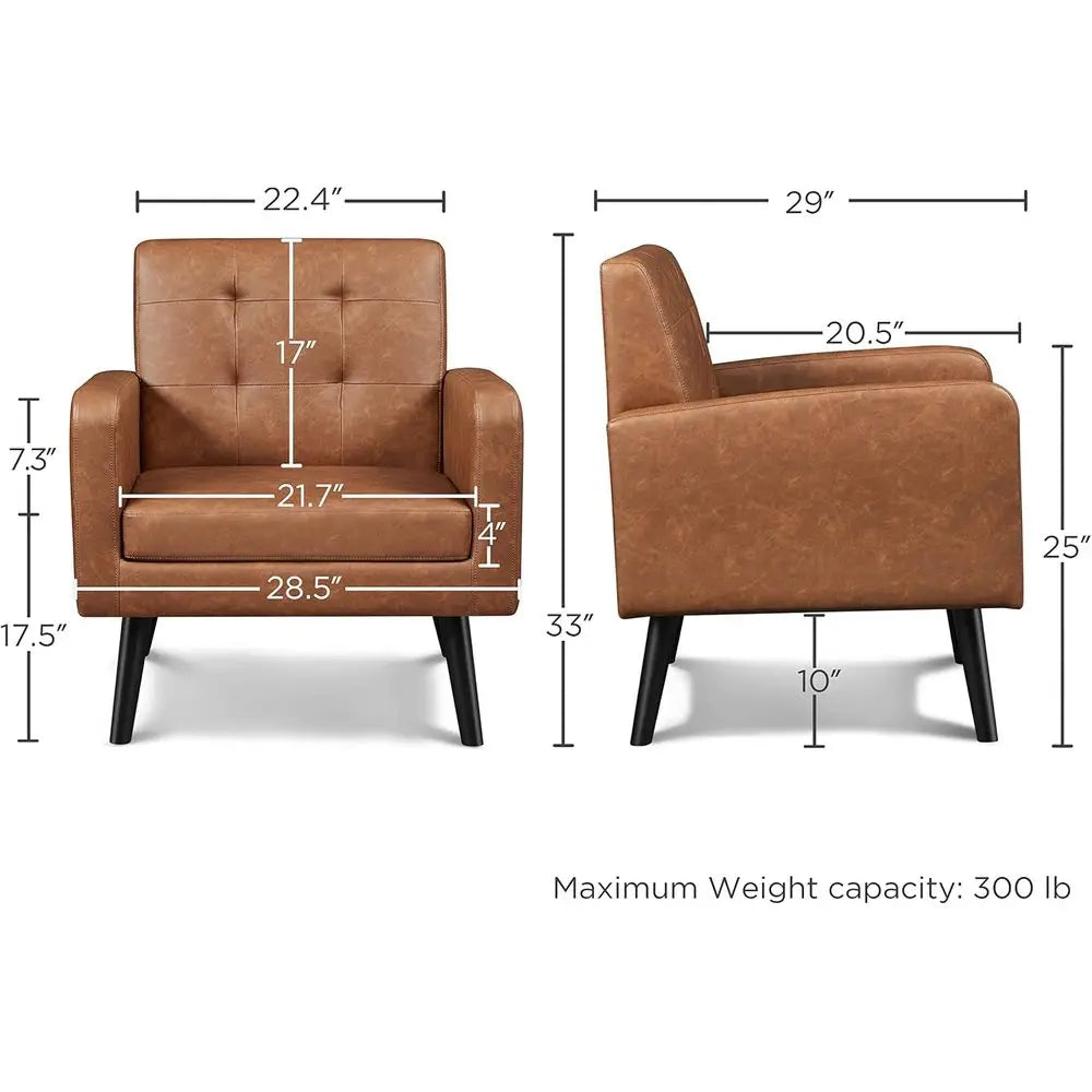 -Century Accent Chairs, PU Leather ern Upholstered Living Room Chair, Cozy Armchair Button Tuted Back and Wood Legs or Bedroom/O