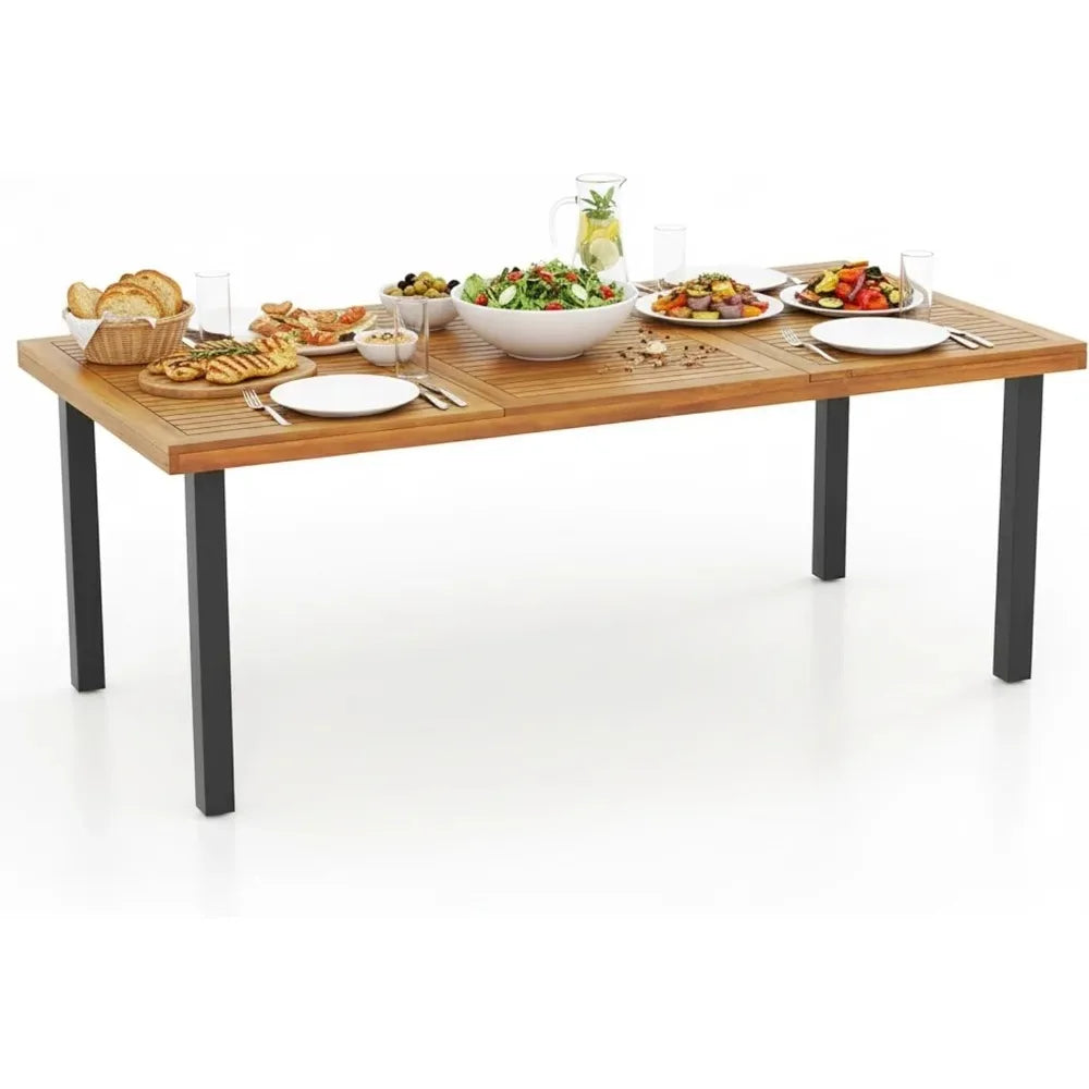 Acacia Wood Patio Dining Table With Umbrella Hole Metal Legs
