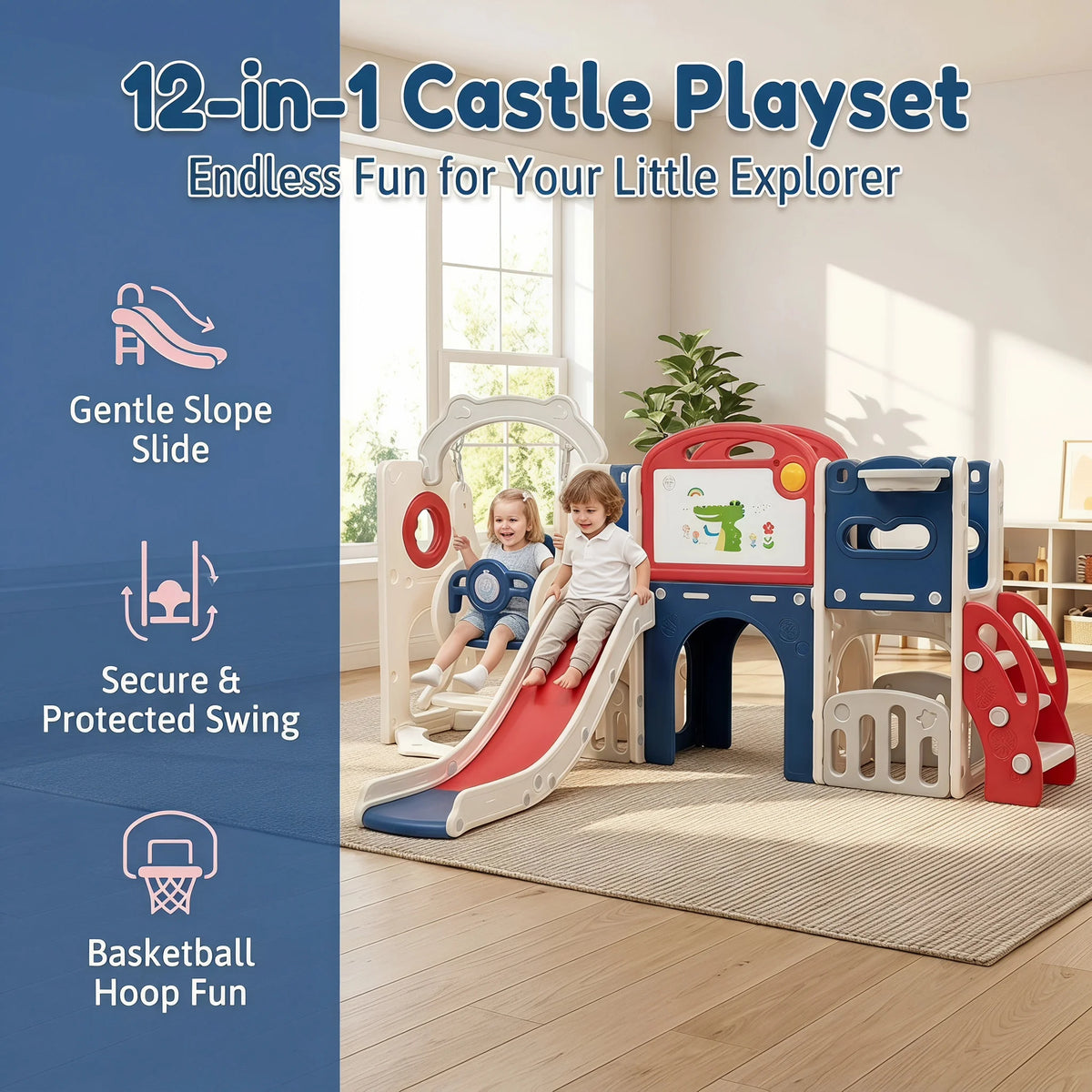 Kids Castle Playset With Slide Swing And Basketball Hoop