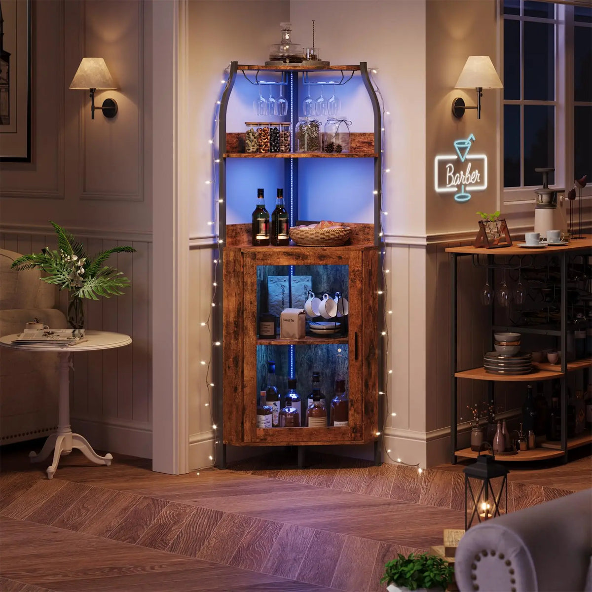 HiMISS Corner Bar Cabinet With LED Lights And Power Outlet