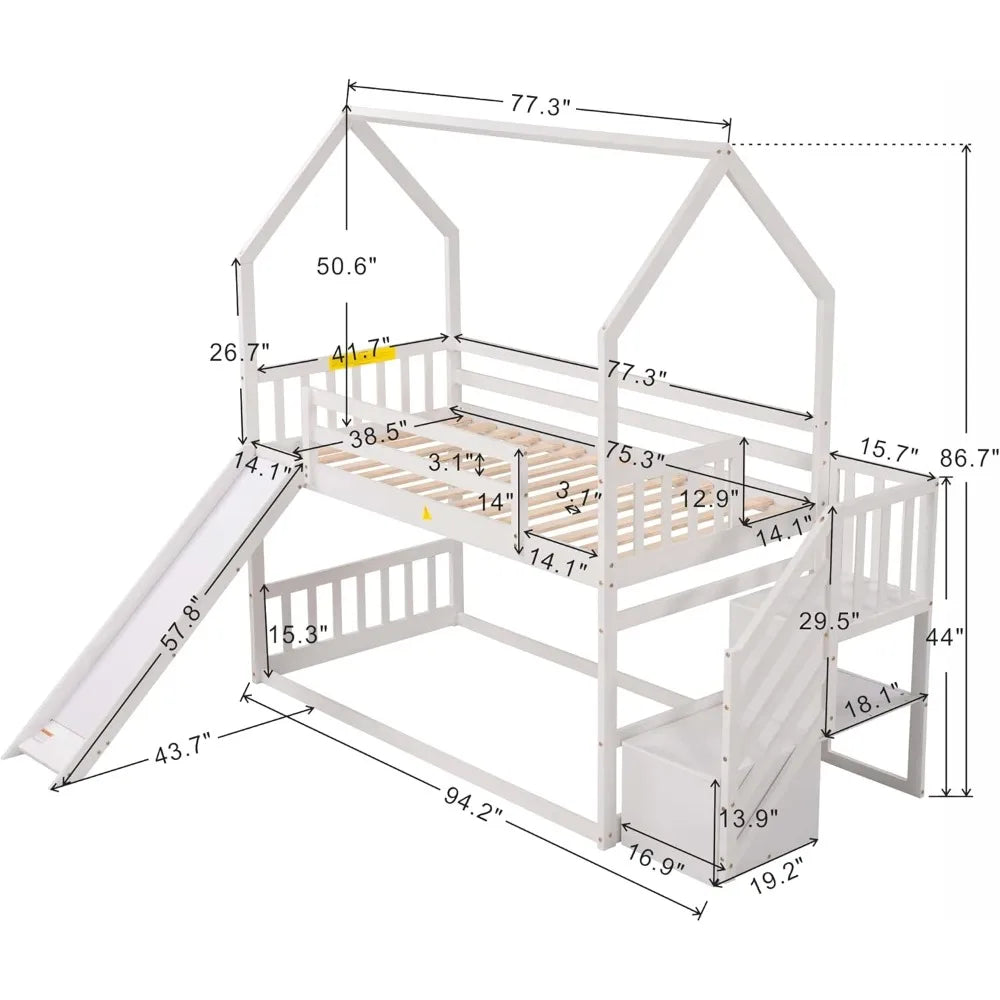 Solid Wood Over Bunk Bed With Slide And Storage Staircase