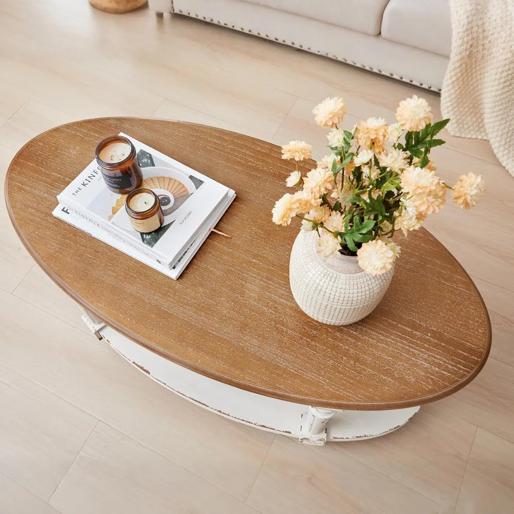 Vintage Oval Coffee Table, 39" Two-Tone White, 2 Tier Storage, Living Room Office, Easy Assembly