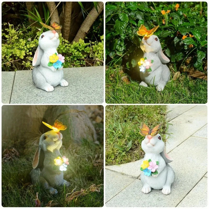 RTONTR Solar Bunny Statue With Butterfly LED Light Outdoor Decor