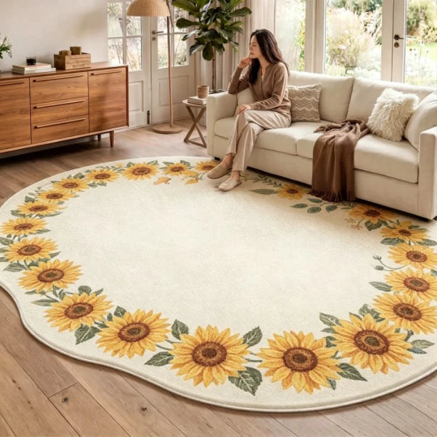 Irregular Shaped Plush Rug For Living Room With Flower Pattern