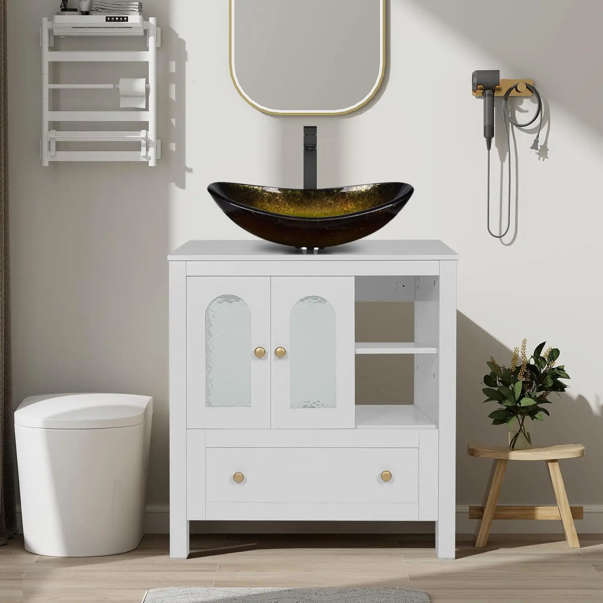 30" Bathroom Vanity with Sink, Freestanding Cabinet, 2 Water Ripple Doors & 1 Drawer, Soft-Close, Silver Glass Boat Sink, White,
