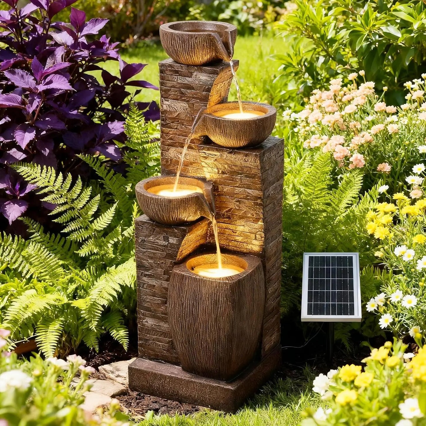 Five Tier Solar Outdoor Water Fountain With Led Lights