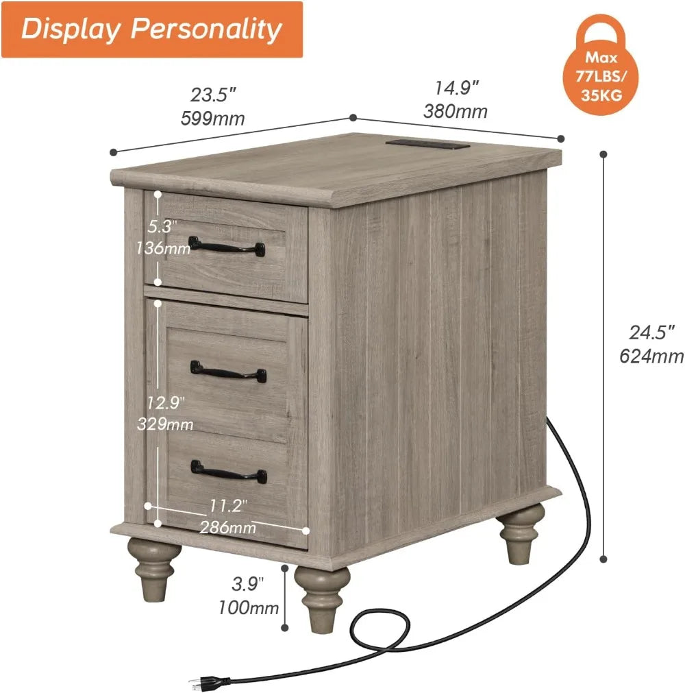 End Table with Charging Station, Grey Side Table with Storage Cabinet & Drawer, Wooden Nightstand with Power Outlets & USB Ports