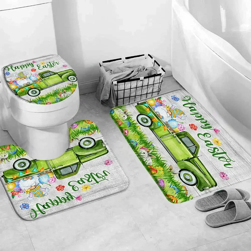 Happy Easter Bath Rug Set With Bunny Truck Eggs Decor