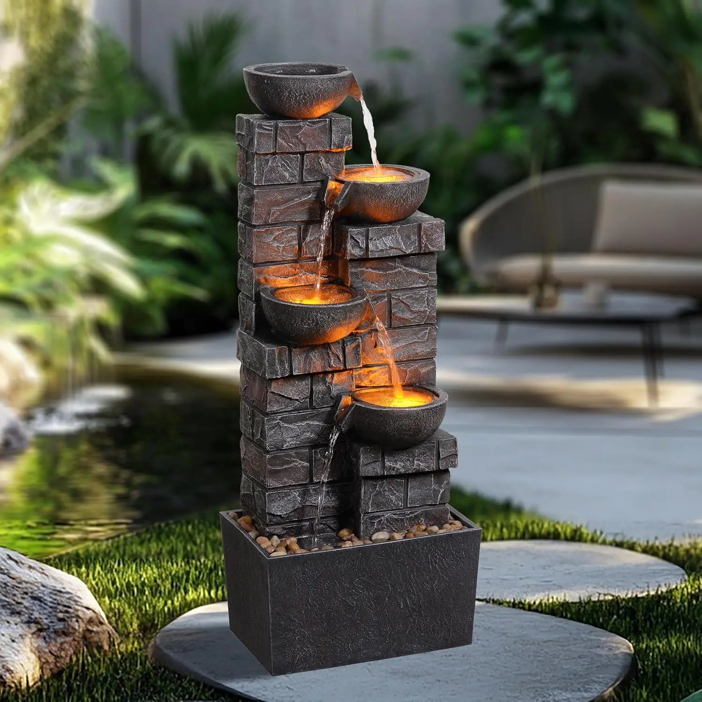 33.5 Inch Water Fountain 4-Tier Cascading Bowls with LED Lights, Indoor Outdoor Decorative Floor Standing Resin Waterfall