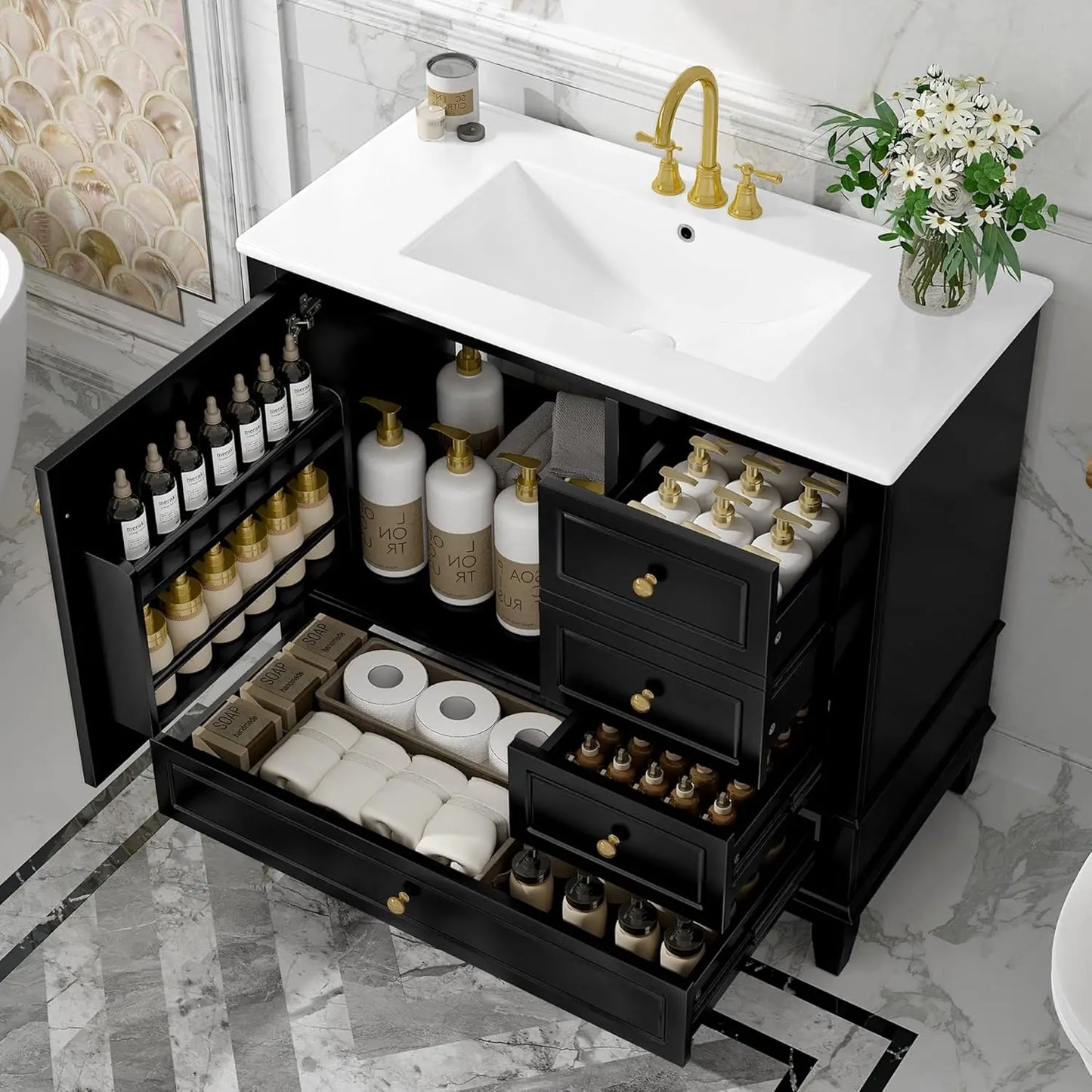 Free Standing Bathroom Vanity With Ceramic Sink And Wood Cabinet