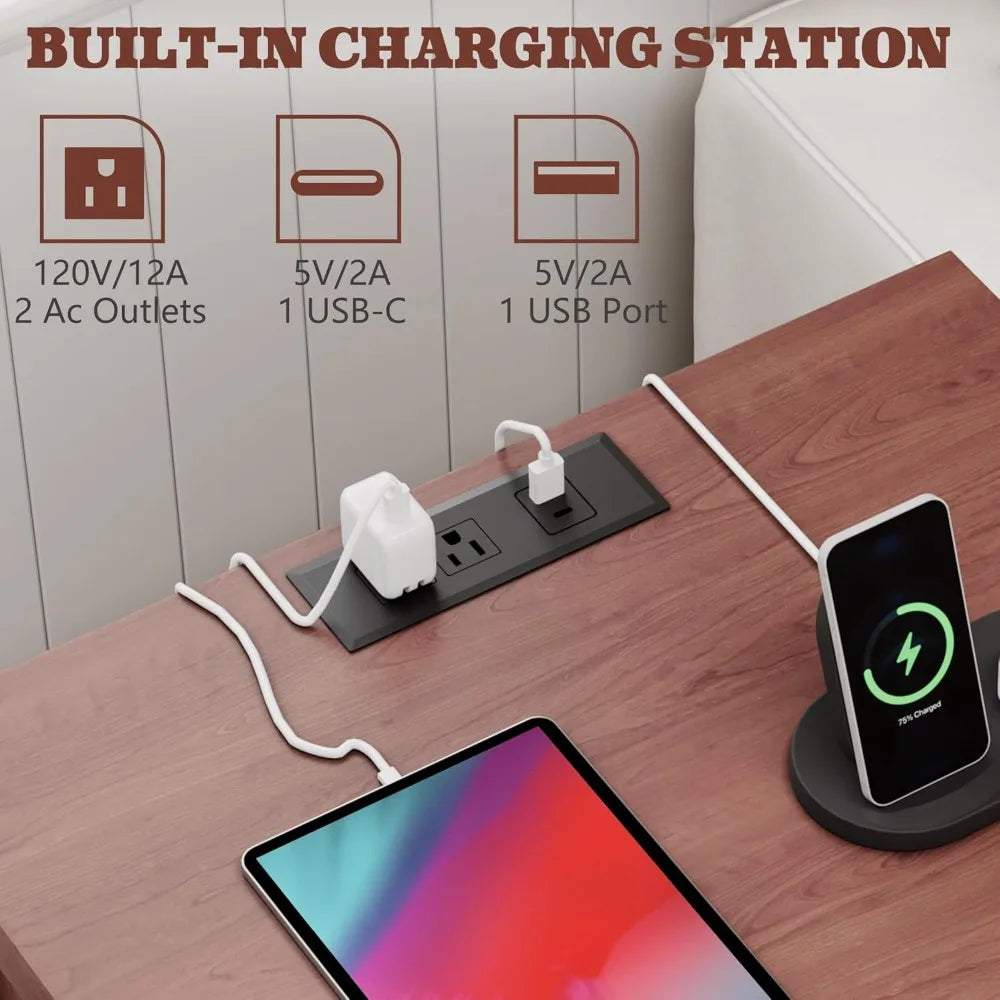 21.7" Farmhouse Nightstand Set of 2 with Charging Station, 3 Drawers, USB-C, End Table for Bedroom Living Room, Cherry Brown