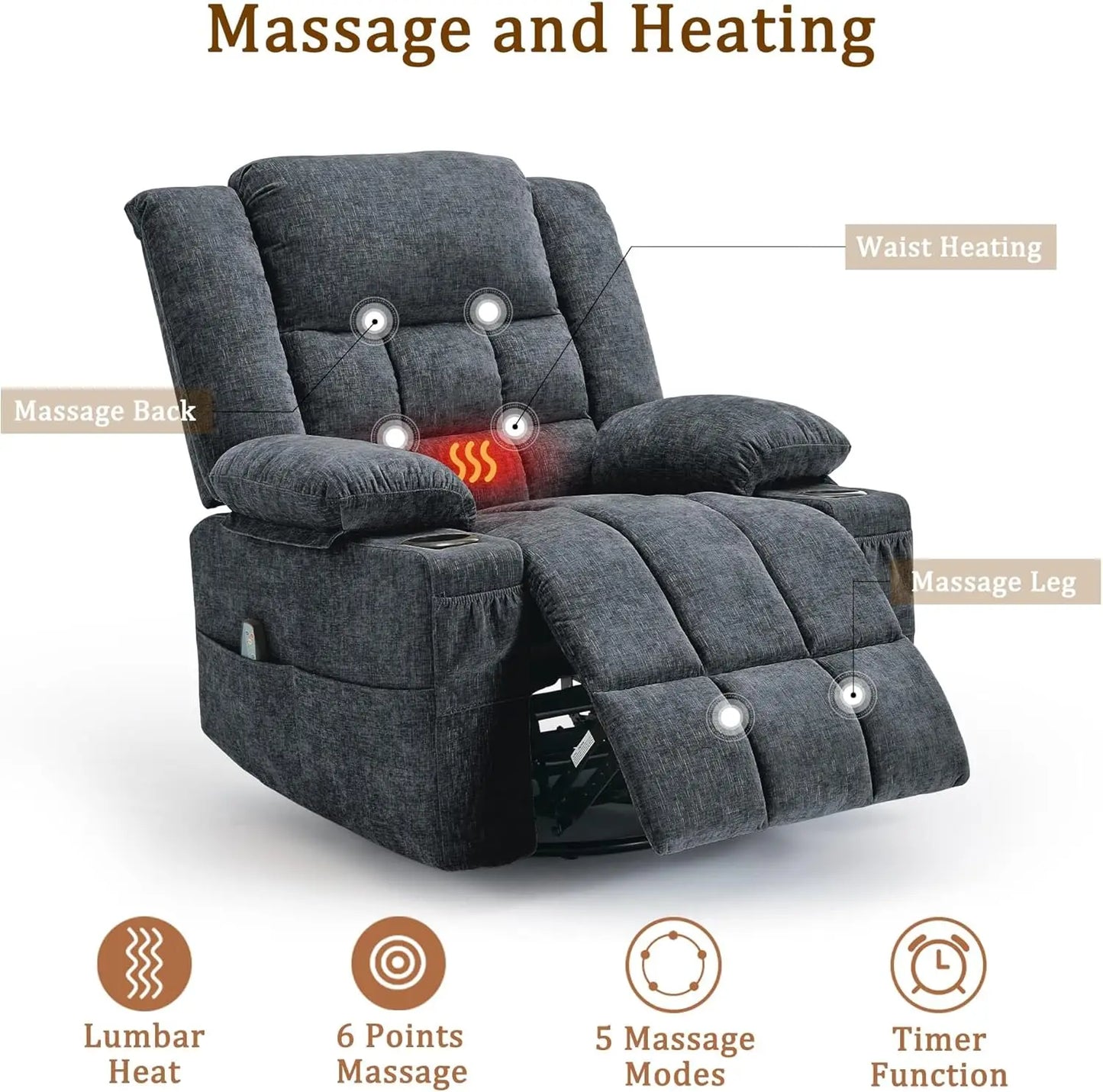 Korser 360° Swivel Rocker Recliner With Massage And Cup Holder