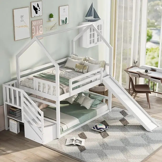 Solid Wood Over Bunk Bed With Slide And Storage Staircase