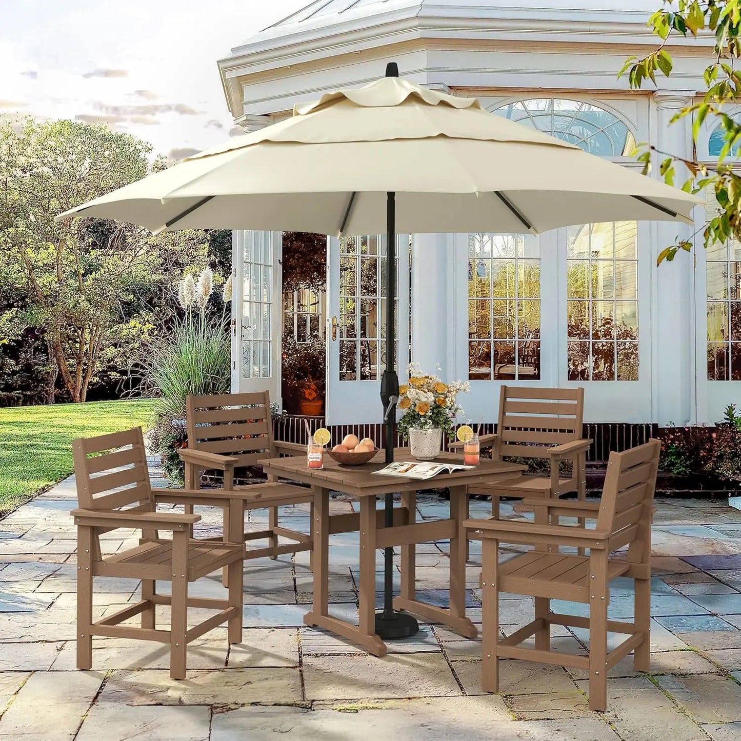5 Piece Weather Resistant Outdoor Patio Dining Set With Umbrella And Cushions