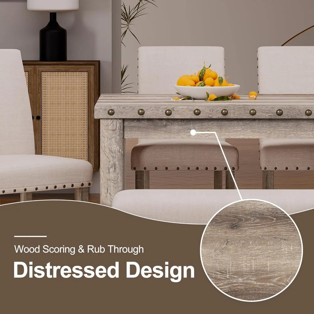 Modern Dining Set for Six with Wooden Table Upholstered Bench Four Chairs Nailhead Trim Rectangular Kitchen Room