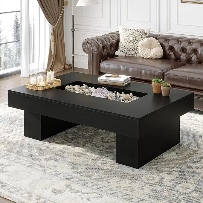 XIUWO Rustic Wood Coffee Table With Storage LED Light