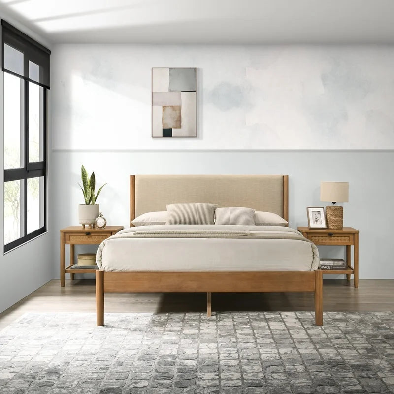 Queen Bedroom Set: Rubberwood Bed, Dresser, Mirror, Nightstands, Chest – Textured Upholstered Design