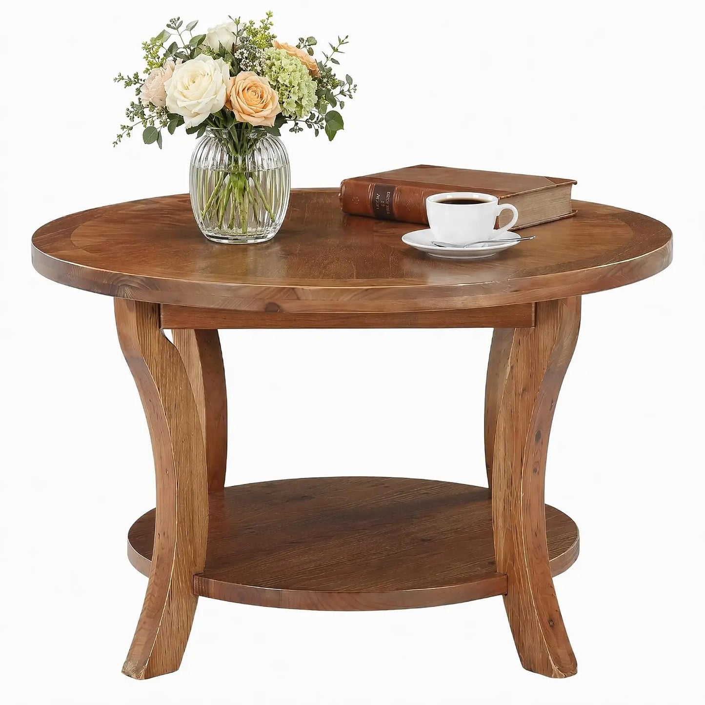 31.5" Round Solid Wood Coffee Table with 2-Tier Storage Shelf, Farmhouse Circle Center Table with Curved Legs for, Customized