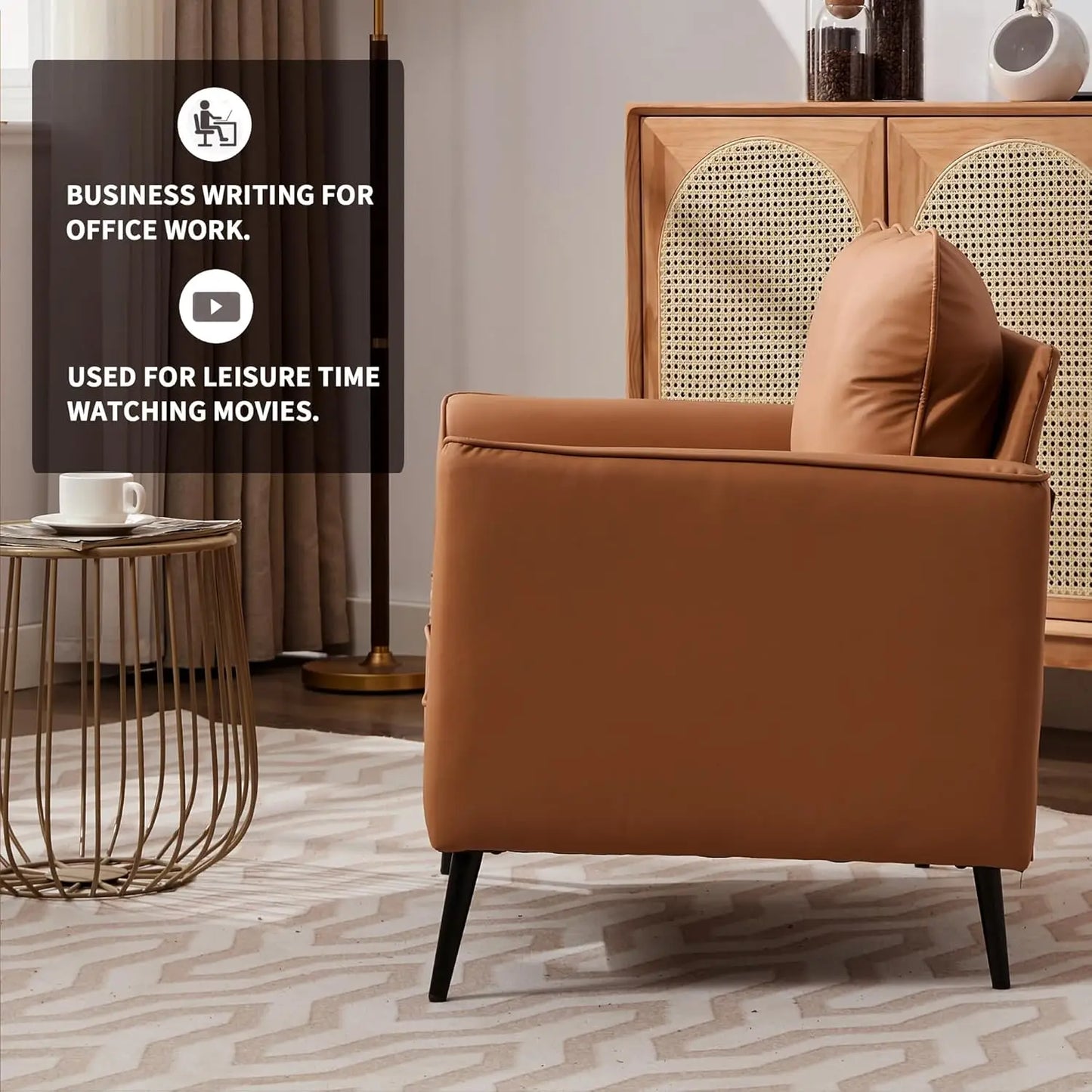 Mid-Century Faux Leather Accent Chair Set 2 w/ Removable Cushion & Metal Legs for Office Lounge Bedroom, Customized