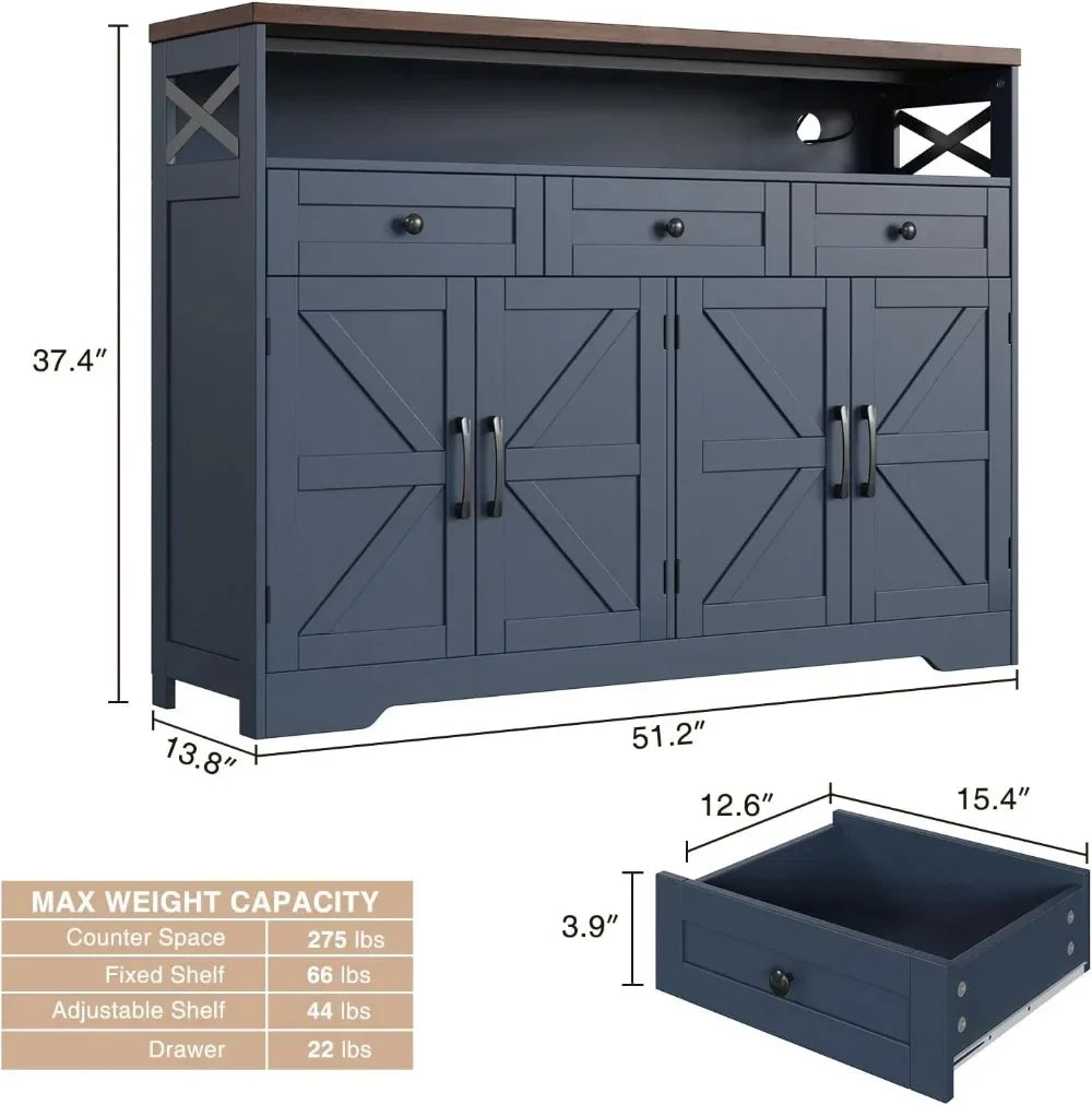 Farmhouse Buffet Cabinet With Drawers And Open Shelf Storage
