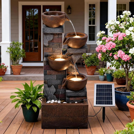Five Tier Solar Outdoor Water Fountain With Led Lights