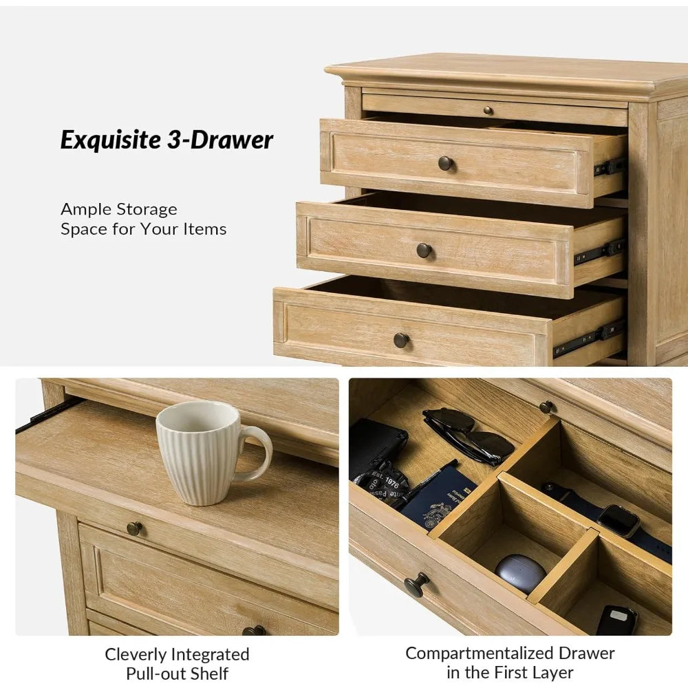 Farmhouse End Table With Charging Station 3 Drawers