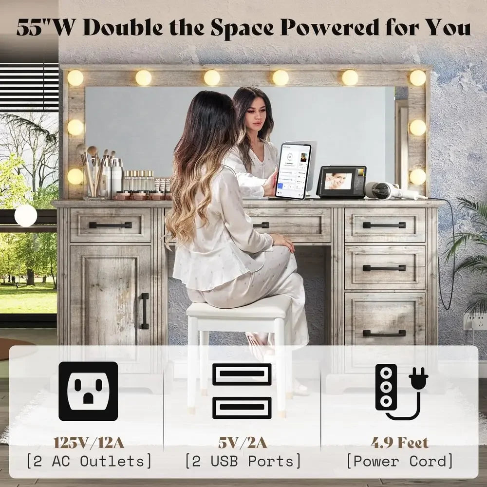 Makeup Vanity With Hollywood Mirror Top And Detachable Light Bulbs