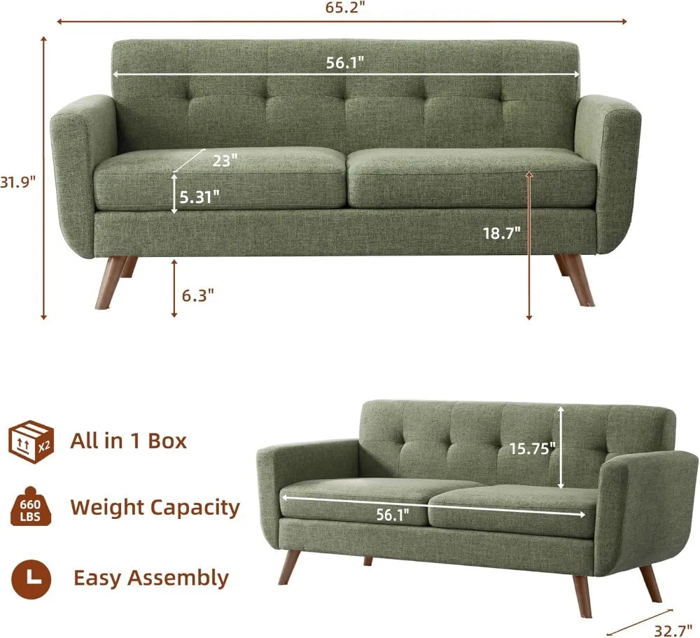 65" Loveseat Sofa, Mid Century Modern Small Couch for Living Room, Tufted Upholstered Love Seat, Green