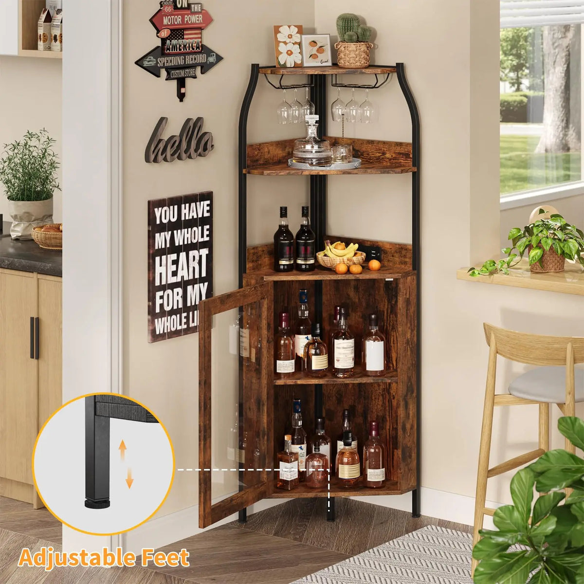 HiMISS Corner Bar Cabinet With LED Lights And Power Outlet