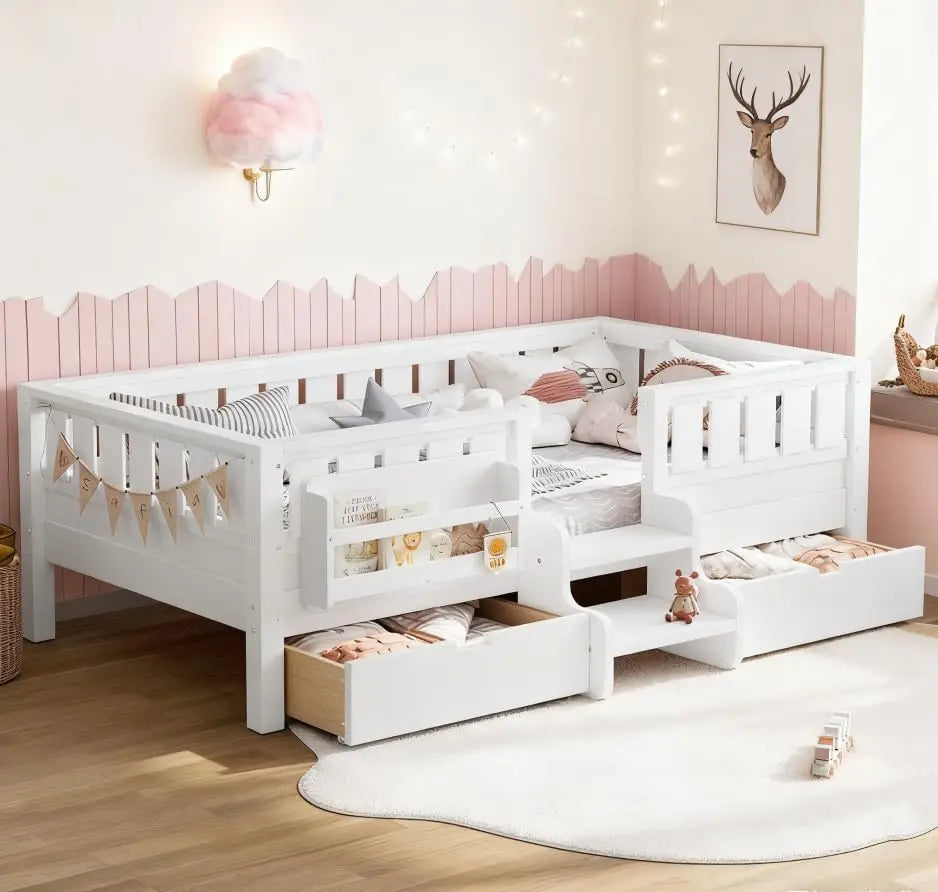 Twin Kids Bed With High Rails Built In Bookshelf Storage Wood Montessori